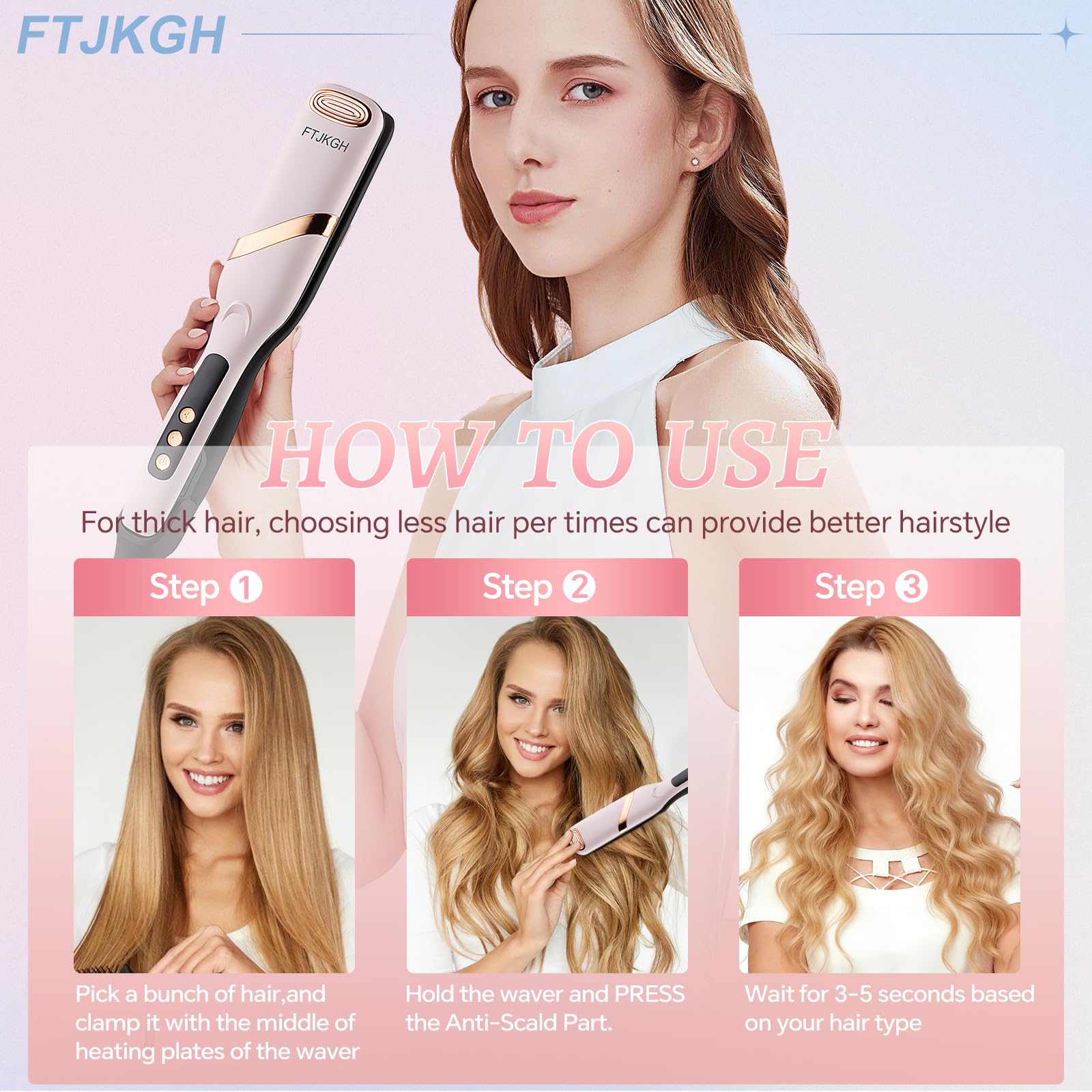 Piastra Onde per Capelli 32mm Arricciacapelli, Piastra Beach Waves per Principianti, Ondulatore per Capelli con 2 Barili 5 Temperature，Riscaldamento Rapido in 30s