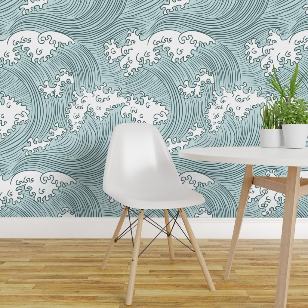 Removable Wallpaper Swatch - Japanese Waves Color Pine Mint Custom Pre-Pasted Wallpaper by Spoonflower
