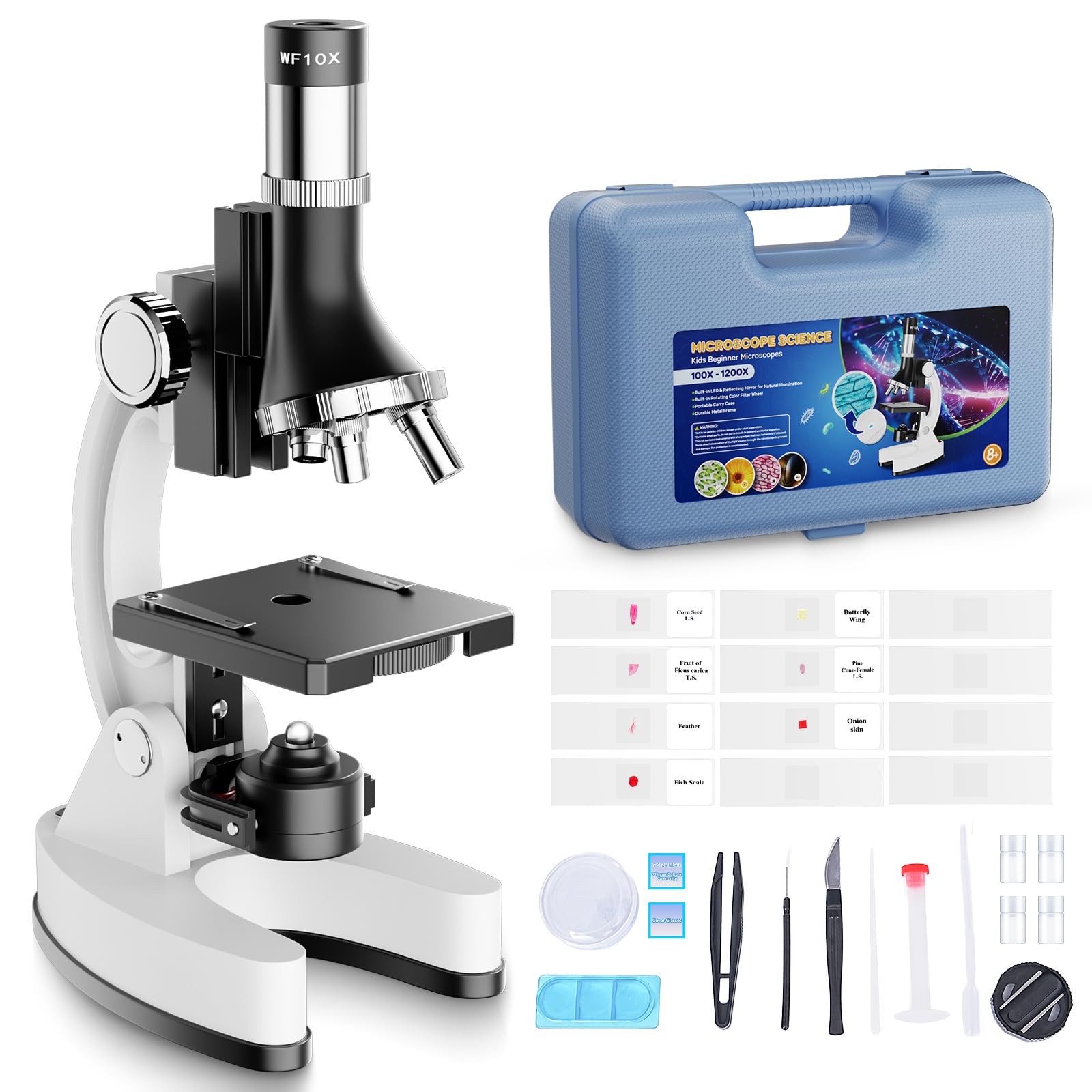 Kit Microscopio Professionale Bambini 100X-1200X: Microscopio Ottico per Ragazzi Scoperta STEM Biologia - Set Scienza con Vetrini Microscope, Scatola Trasporto - Regalo Educativo per Bambino 5-12 Anni