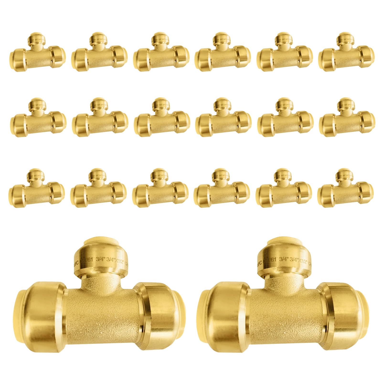 TLDONCXH 20 PCS Foskan 3/4" x3/4" X1/2" Push Fit Tee,LF-Brass Fittings, Push to Connect PEX, Copper, C, PE-RT Pipes, with Disconnect Clip for Plumbing Repairs