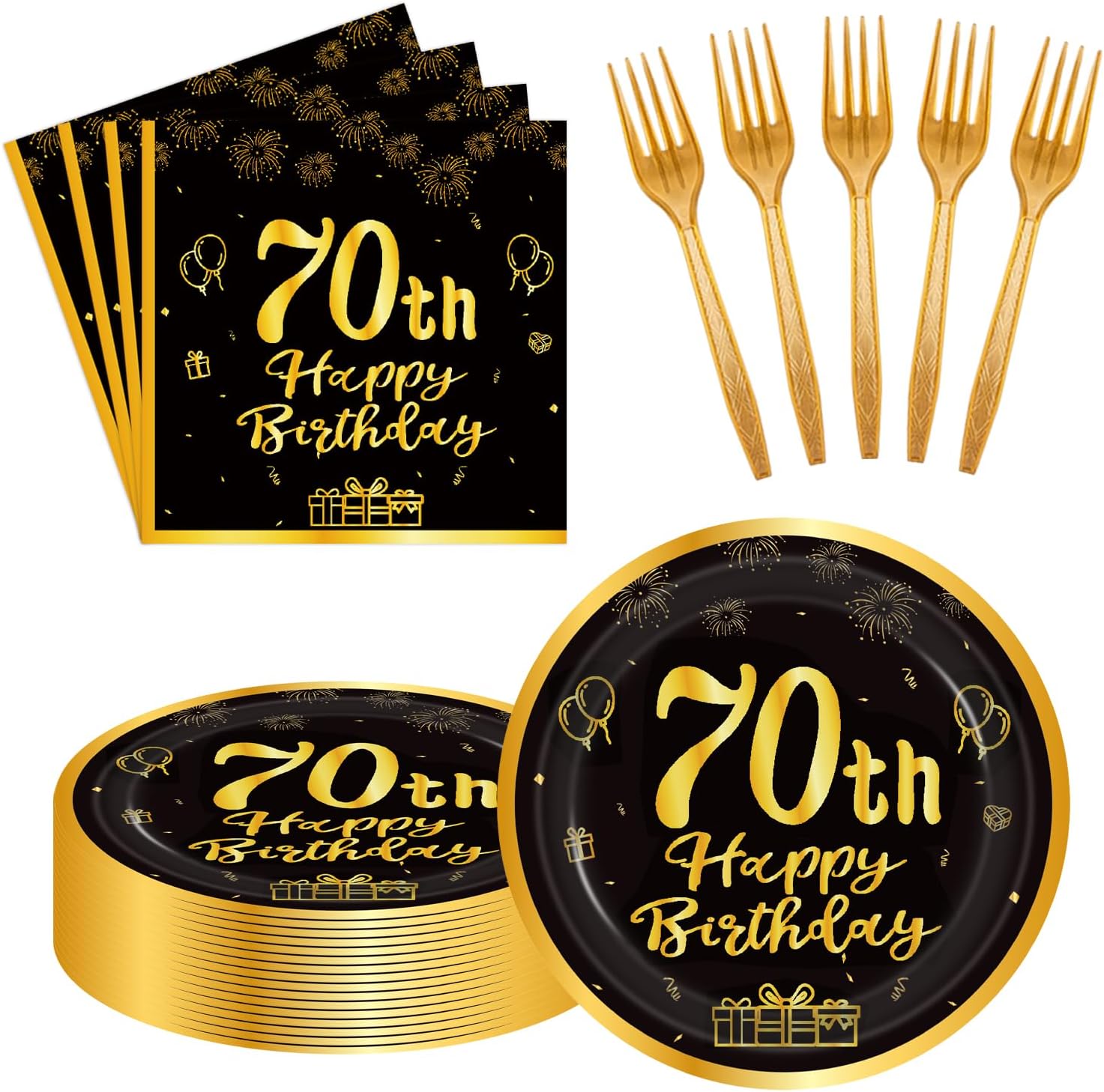 60pcs 70th Birthday Party Paper Plates and Napkins Forks Black Gold Dessert Cake Plates Party Decorations Supplies Serves 20 Guest