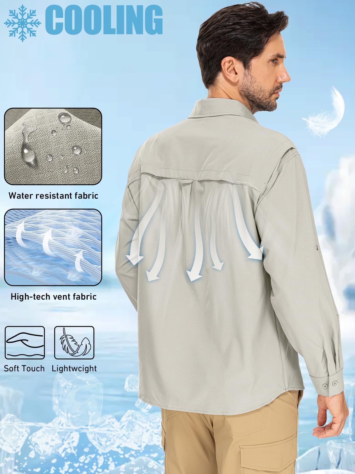 linlon Mens Safari Shirts Long Sleeve UV Protection Hiking Fishing UPF 50+ Quick Dry Cooling Shirts#Light Khaki-XL