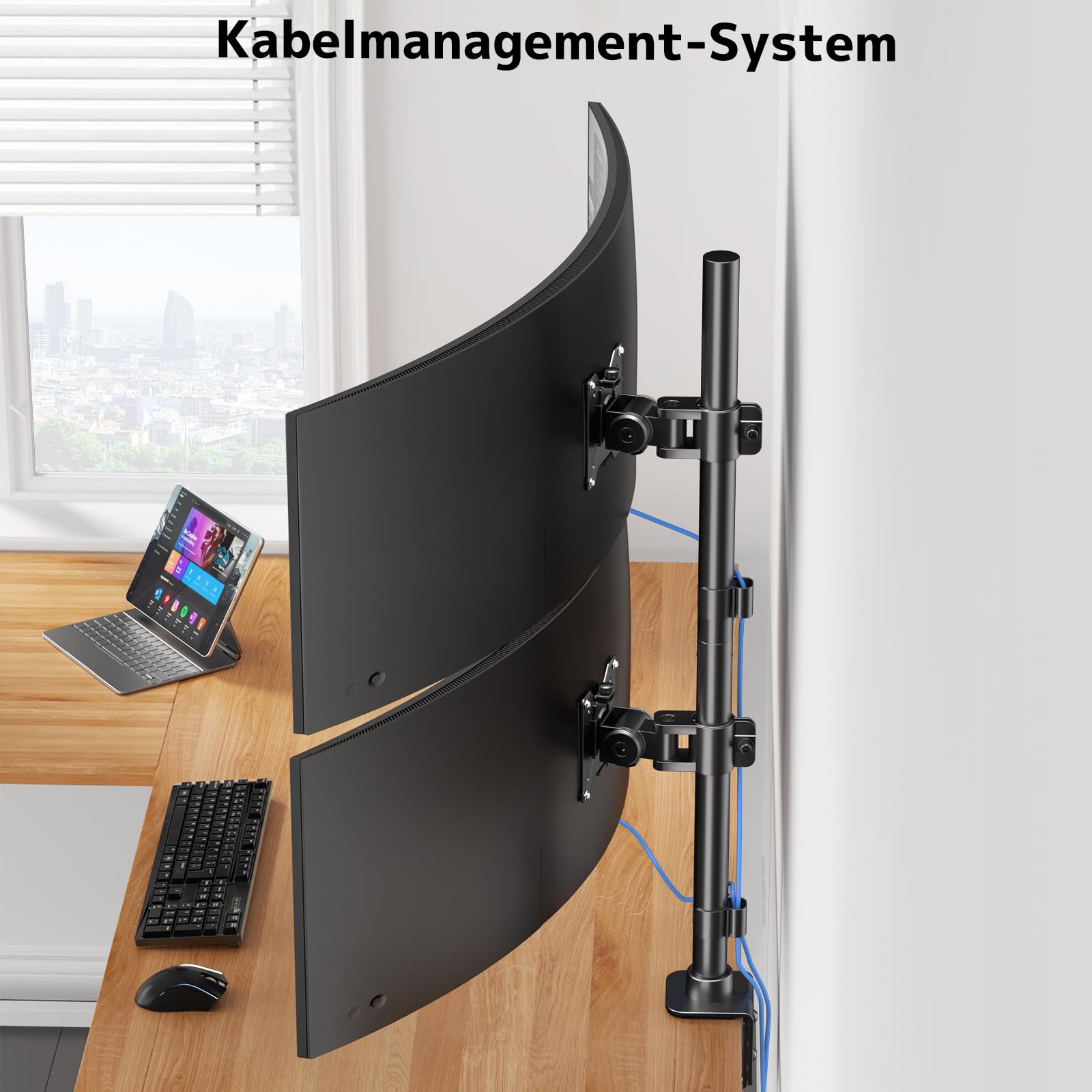 Monitor Halterung 2 Monitore übereinander – Höhenverstellbarer Dual-Arm Ständer für 17-49 Zoll Flach & Curved, bis zu 20 kg pro Arm, VESA 75/100 mm (Schwarz)