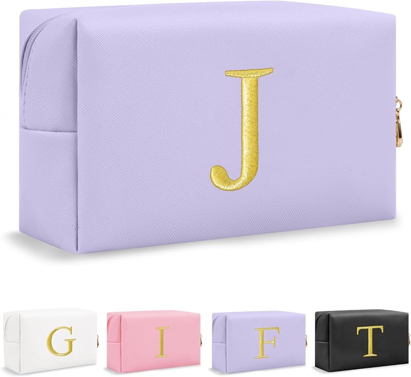 Necessaire de maquiagem UIXIZQ com letra bordada dourada, roxa, modelo J