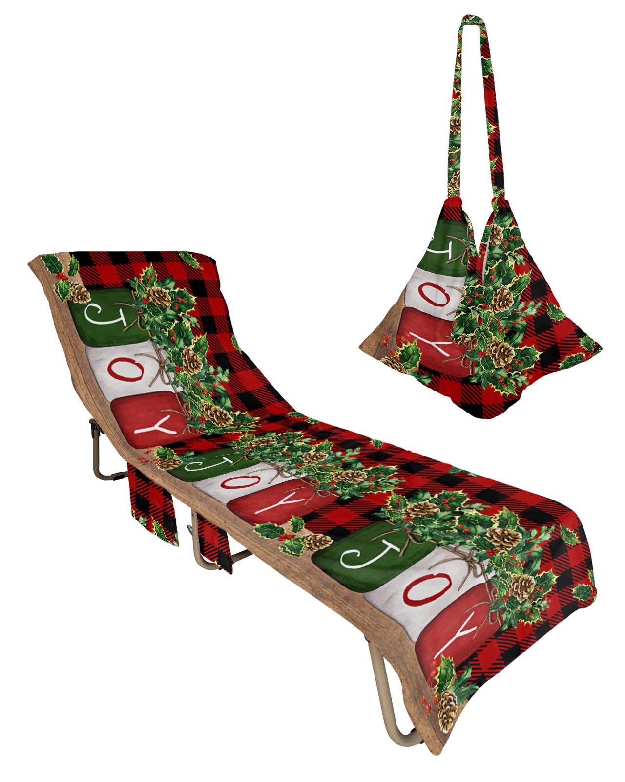 Christmas Beach Lounge Chair Towel Cover, Soft Chaise Lounge Towel with Side Pockets Patio Pool Chairs Cover for Beach/Pool Sunbathing 29x85 Joy Xmas Pine Cones Berry Red Black Plaid