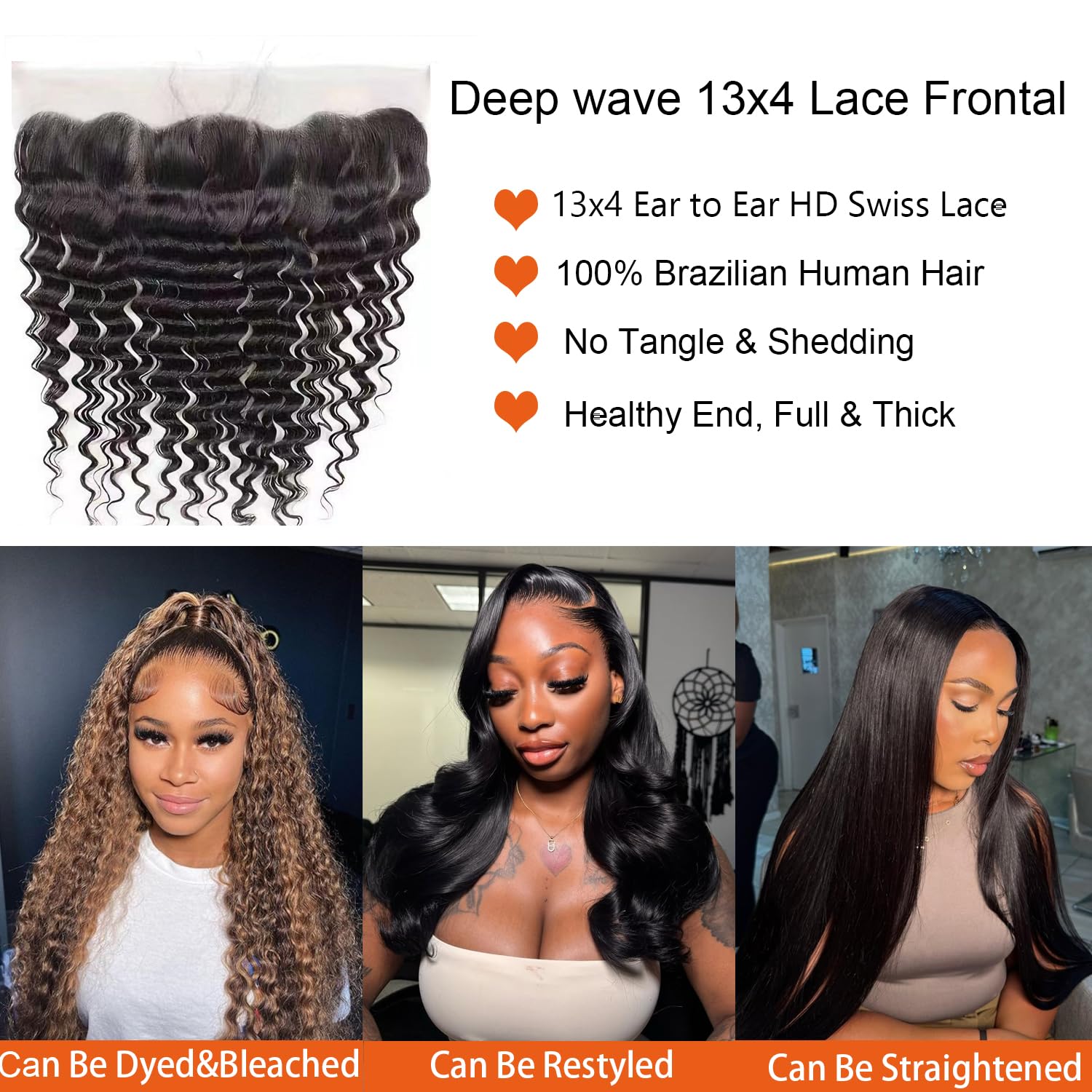13x4 Lace Frontal Closure Deep Wave Frontal HD Lace 18 Inch Ear to Ear Human Hair Frontal 100% Unprocessed Brazilian Virgin Hair Extensions for women 150% Density Natural Black