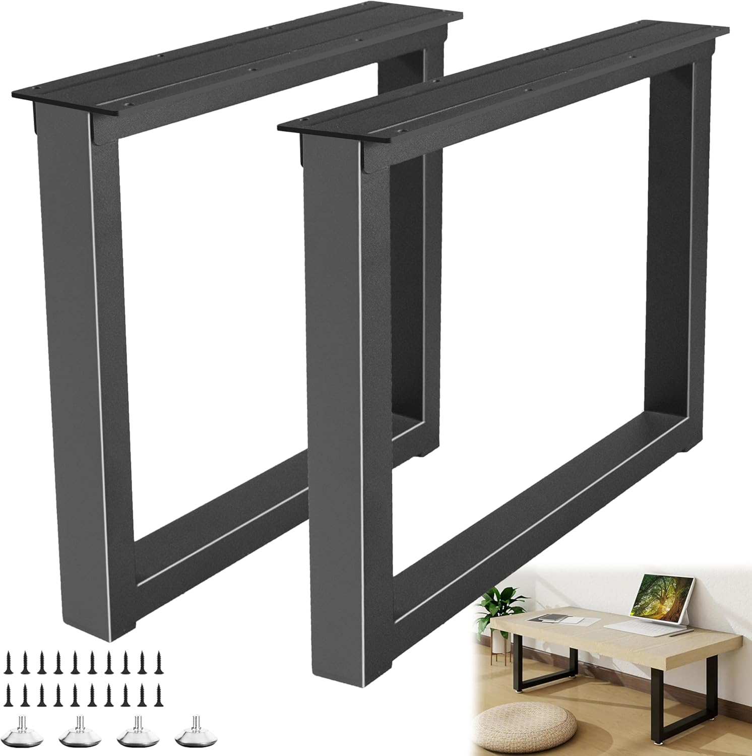 Metal Table Legs 16 Inch Bench Feets, Square End & Coffee Table Legs for DIY Furniture Office Desk Chair Feets, Set of 2 (H16 x W11.8, Black)