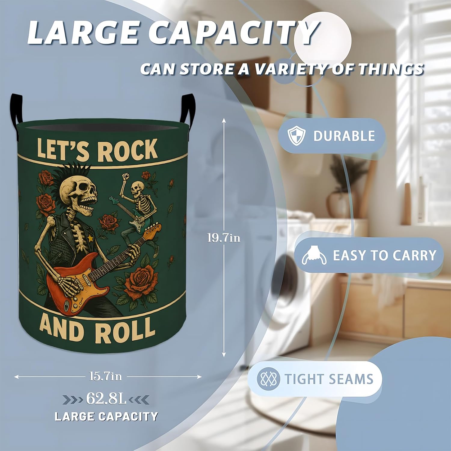 Retro Skull Guitar Laundry Basket, Skeleton Floral Music Storage Hamper, Round Collapsible Waterproof Cloth Bin, 19.7x15.7 Inch Vintage Clothes Organizer Gifts for Bathroom Decor image 3