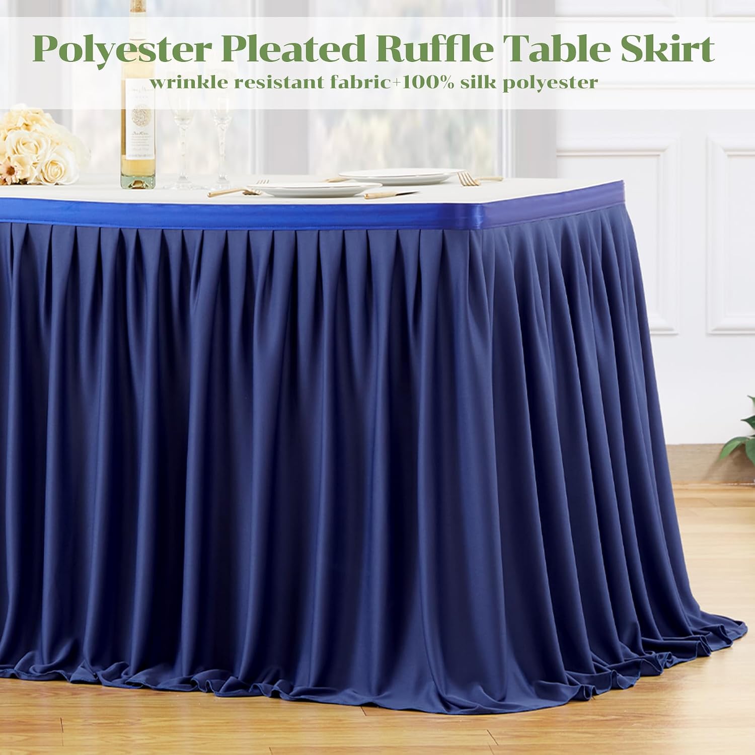 Partisky Navy Blue Polyester Table Skirt for Rectangle Tables 6ft, Wrinkle Resistant Pleated Ruffle Table Cloth for Banquet Wedding Display Dining Table image 4
