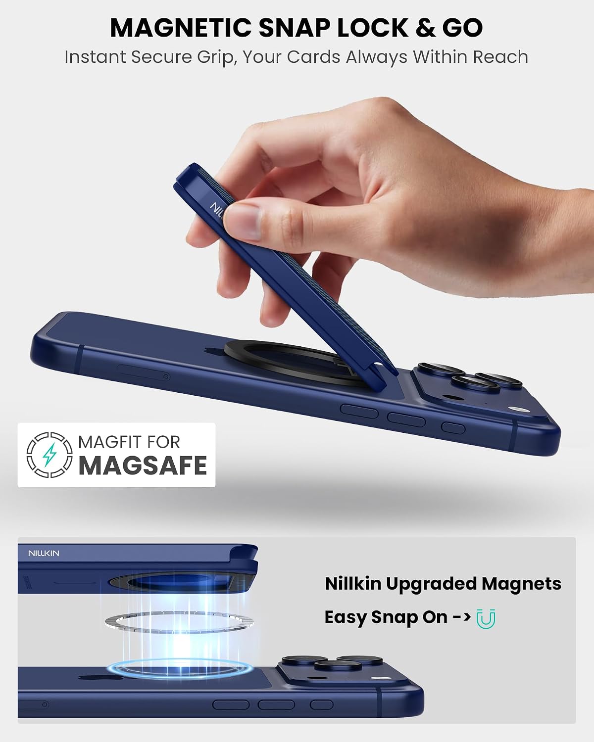 Nillkin MagSafe Wallet Stand, Hold 3 Cards, Aramid Fiber, Adjustable Stand, RFID Blocking, Men Credit Card Holder, Phone Wallet for iPhone 17 Pro/16/15/14/13/12, Fit for Samsung, MagSafe Case, Blue