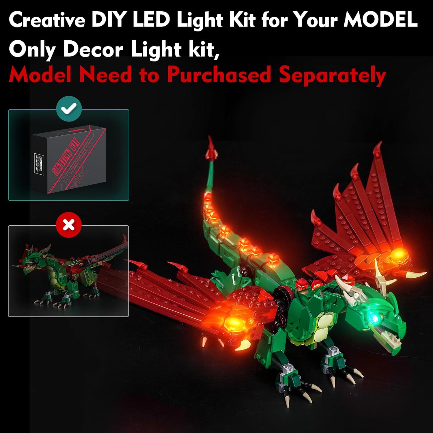 LocoLee Light kit Compatible with Lego Medieval Dragon - No Model Only Light, LED Lighting Accessories Compatible with Lego Medieval Flying Dragon 31161