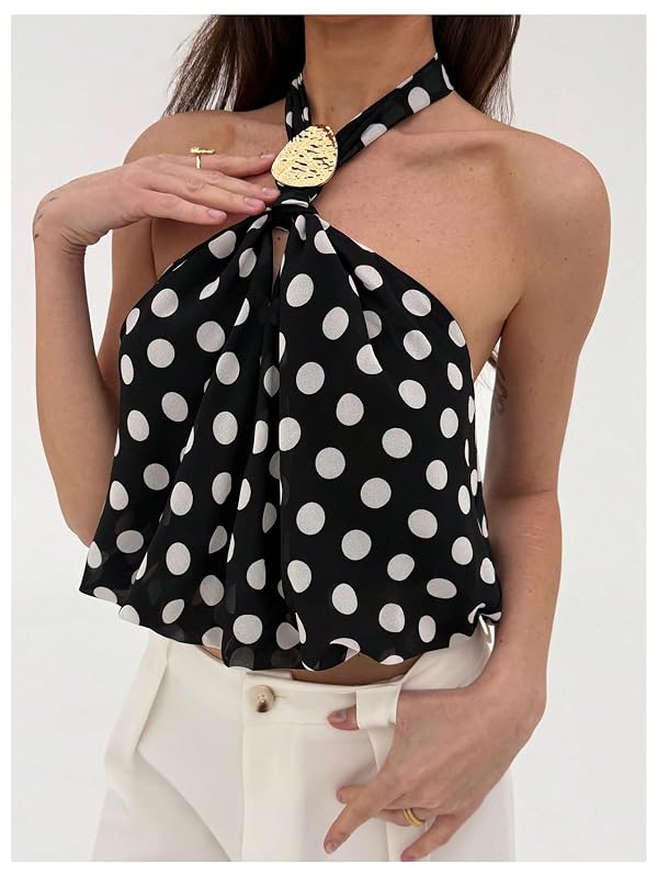 MakeMeChic Women's Polka Dots Halter Crop Tops Open Back Going Out Top by MakeMeChic - Used condition - Image 2