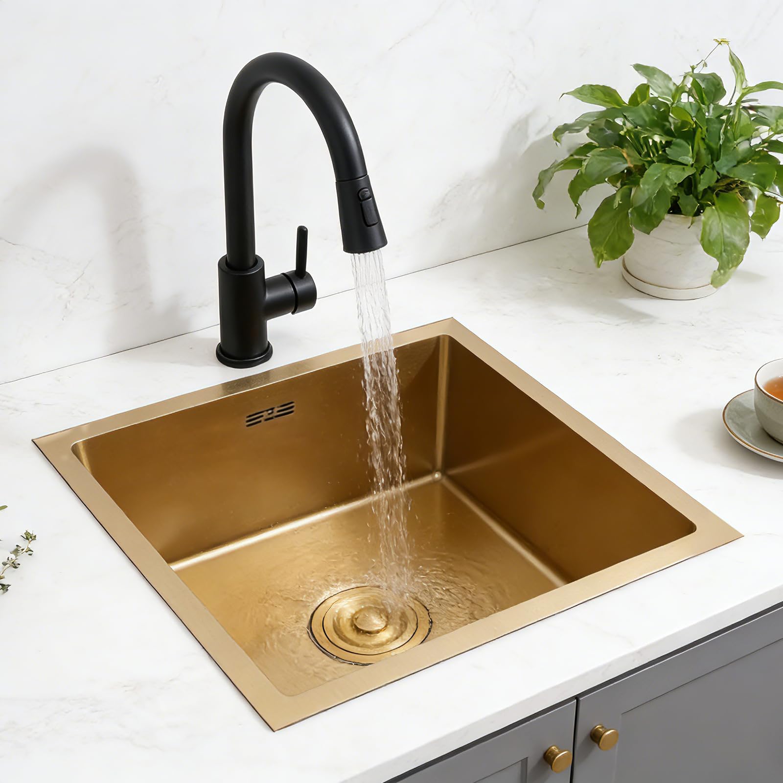 Fregadero de cocina de 50 x 45 cm, acero inoxidable dorado, con filtro de drenaje, 1 lavabo para encimeras e instalación integrada, para cocinas abiertas, bares, islas centrales, balcones