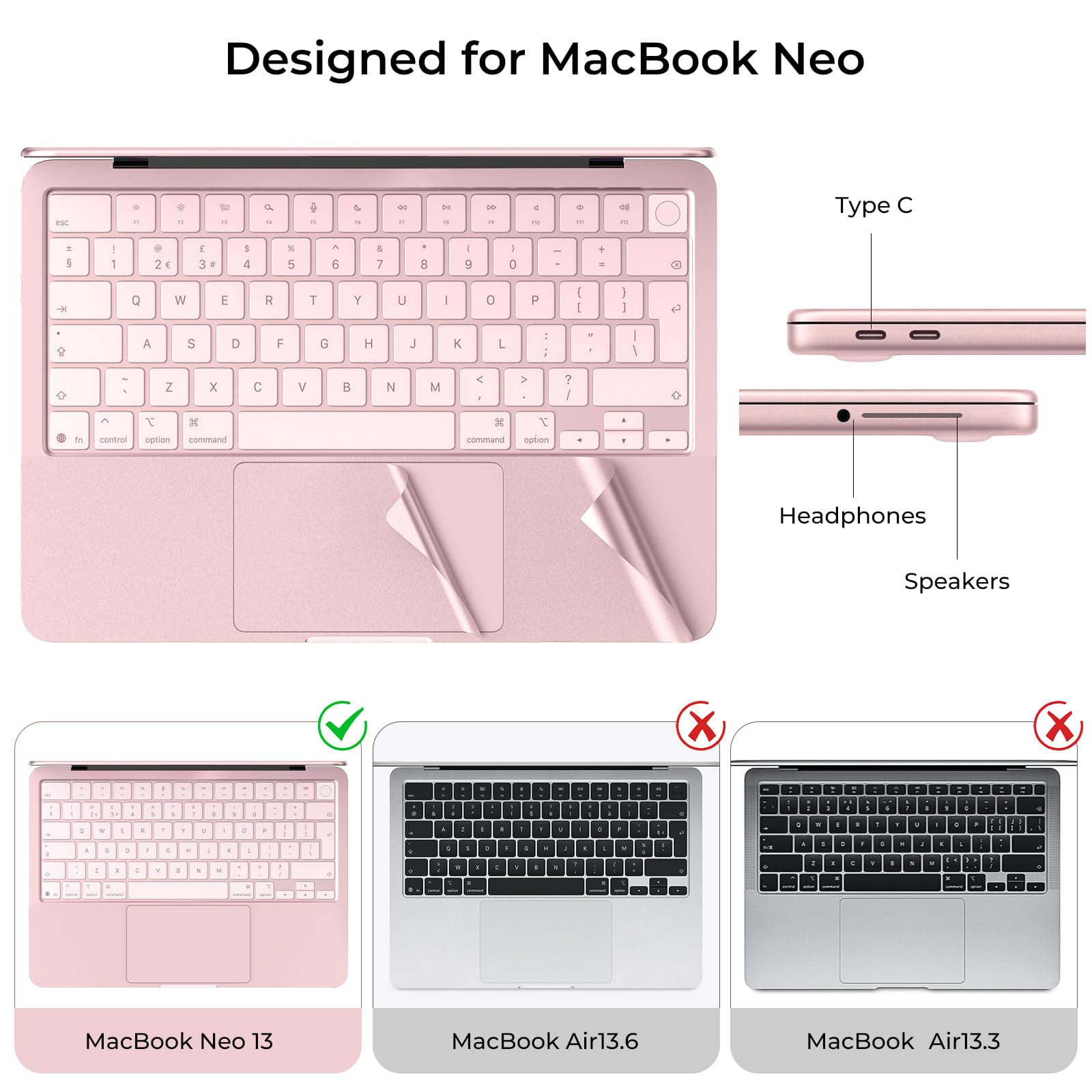 EooCoo Ultrafino Protector de Teclado Compatible con MacBook Neo de 13 Pulgadas (2026), Chip A3404 A18 Pro [Color Oficial 100% Idéntico], Diseño EU con Reposamanos y Protector de Trackpad - Rosa