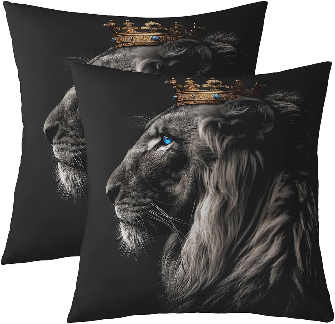 Feelyou Lion Pillow Case Cushion Cover Boys Girls Gold King Crown Print Throw Pillow Covers 24"x24" Set of 2 Soft for Safari Print Decorative Throw Pillowcase for Sofa Wild Animal Black Cushion Case