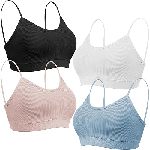 KCDDUMK 4 Pieces Cami Bras - Women's V-Neck Padded Seamless Straps Bralette Everyday Basic Sleeping Bra