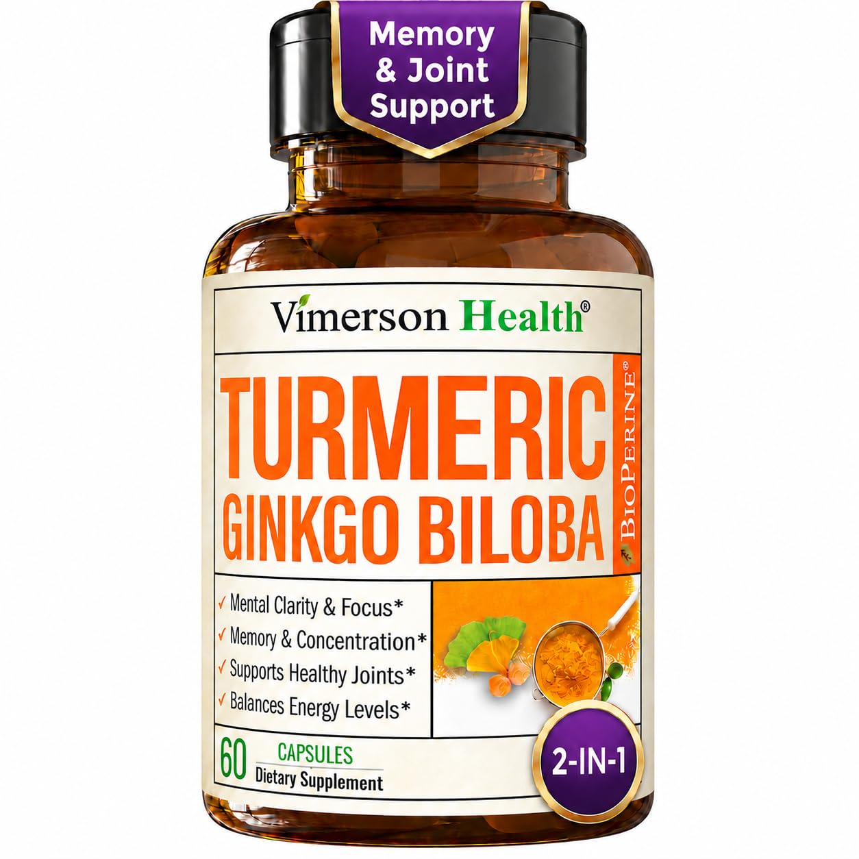 Ginko Biloba Capsules w/Ginkgo Biloba 120mg & Organic Turmeric – 60 Count 60 Count (Pack of 1)