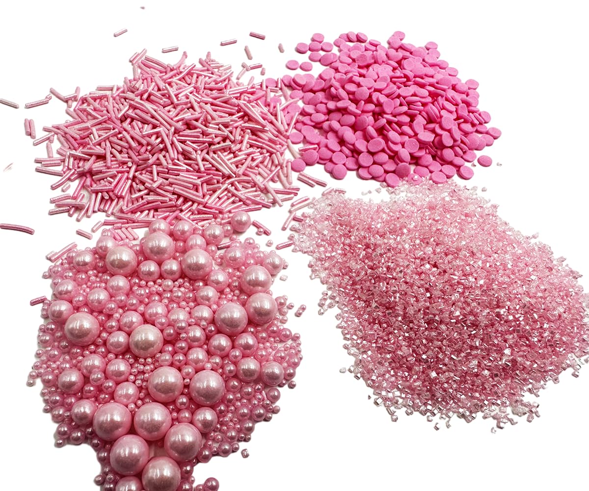 Edible Sprinkle Pink Mix 120g/4.2oz, 4-Kind Perfect for Cake Decorations, Baking, Ice Cream, Cookies, Cupcake Topper Parties, Pink Sprinkle Mix for Cake and Cupcake Decorating (Pink)