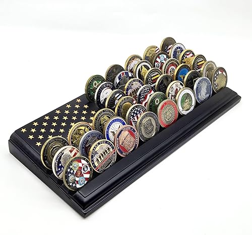 Miniatura 8 de LIUYALO Exhibición de monedas de desafío de 6 filas con bandera de Estados Unidos, soporte para monedas de desafío hecho de 100% madera maciza