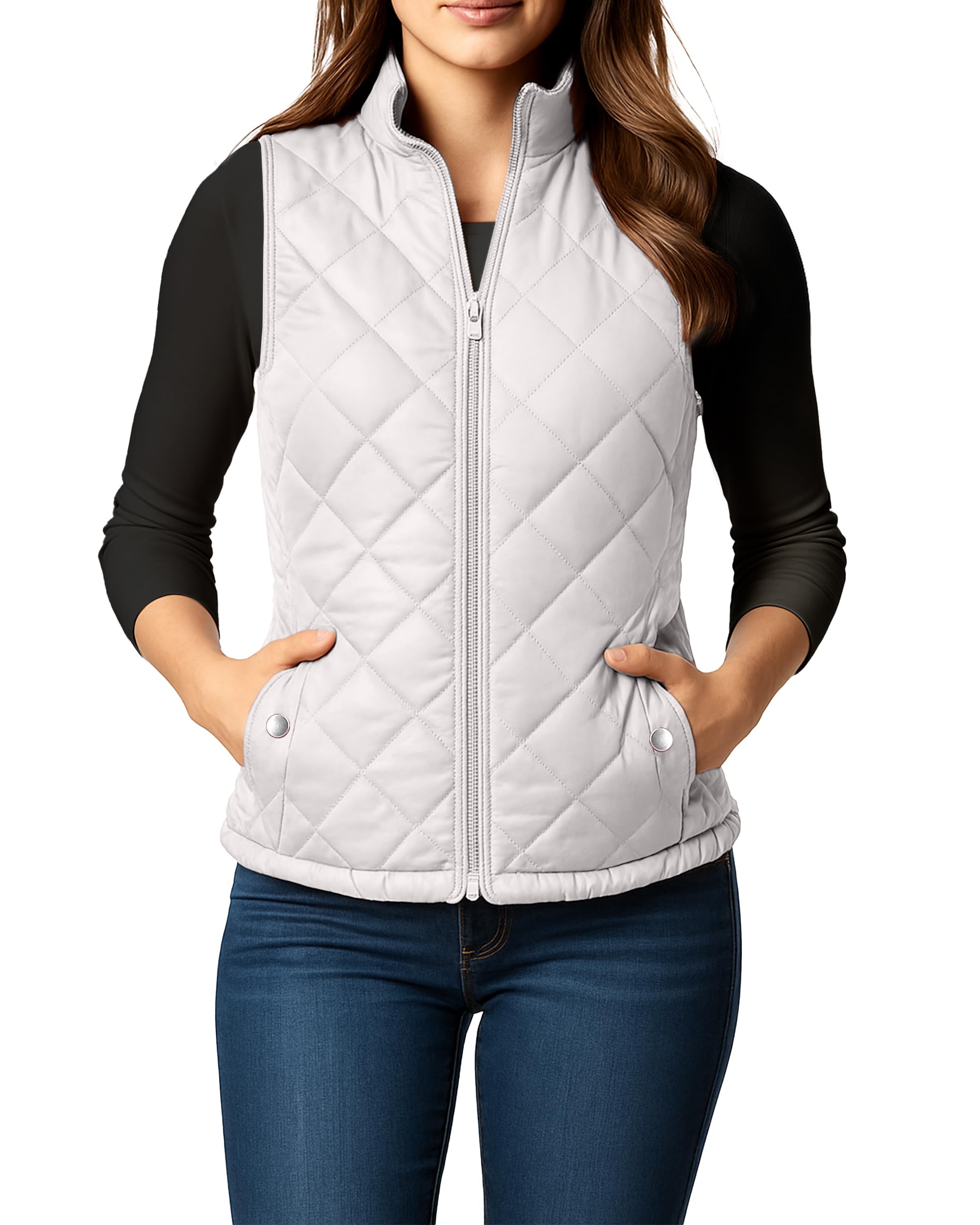 ny threads puffer vest women slim fit lightweight stand collar quilted zip puffer vest, small, white
