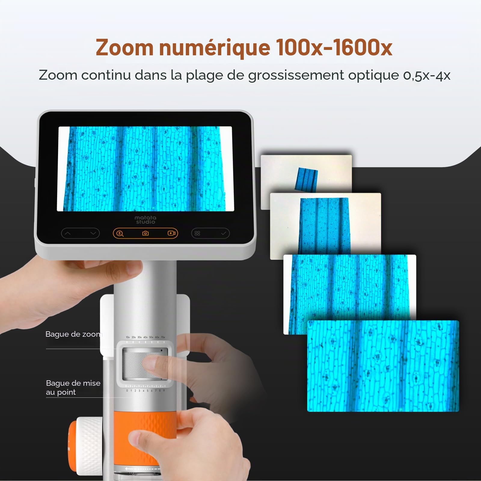 Microscope Numérique Professionnel Enfant, MatataStudio MX2-AS Microscope Electronique Portable Portatif 2 en 1 avec 4,3" LCD, Zoom 100x-1600x, Prend en Charge Photo et Vidéo, Cadeau d'anniversaire