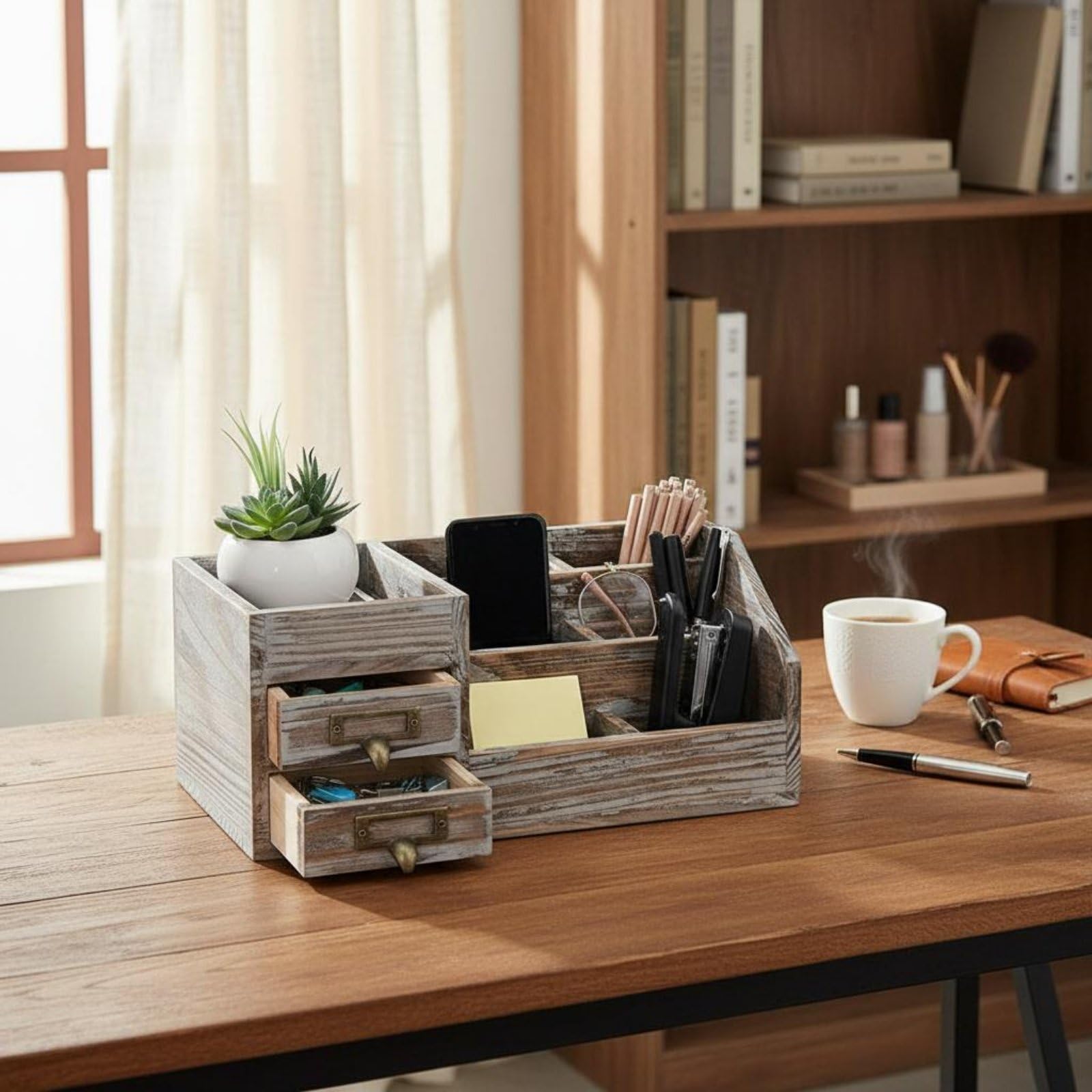 Organizer da Scrivania in Legno Contenitore Portadocumenti Cassettiera Portapenne con 6 Scomparti E 2 Cassetti con Portaetichette Adatto a Studio, Bianco Vissuto