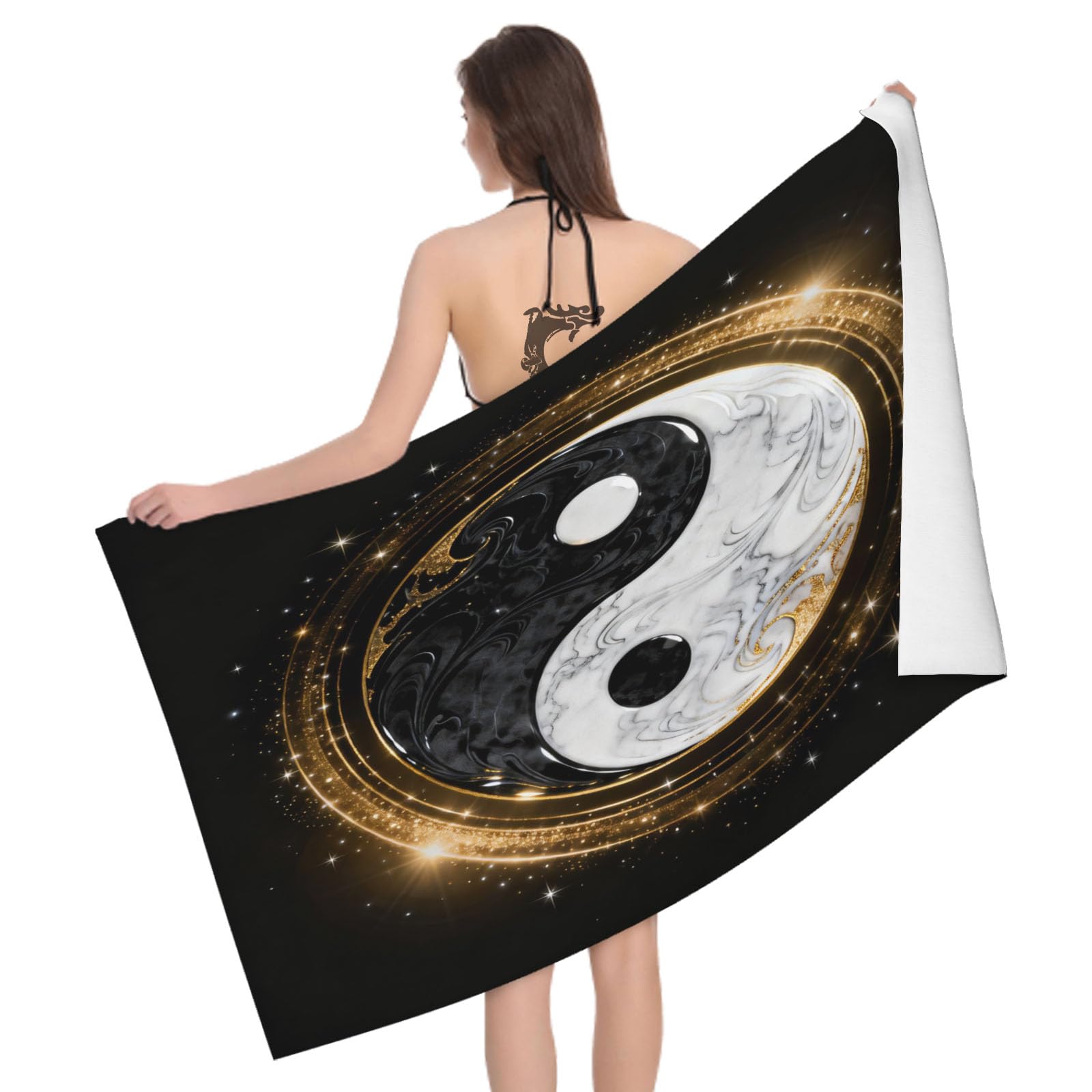 Leichong 3D Yin Yang Beach Towel Large Microfiber Soft Quick Dry for Adults, Mystical Bath Towel Lightweight Soft Absorbent for Travel Swimming Pool Sports, 80 x 160 cm