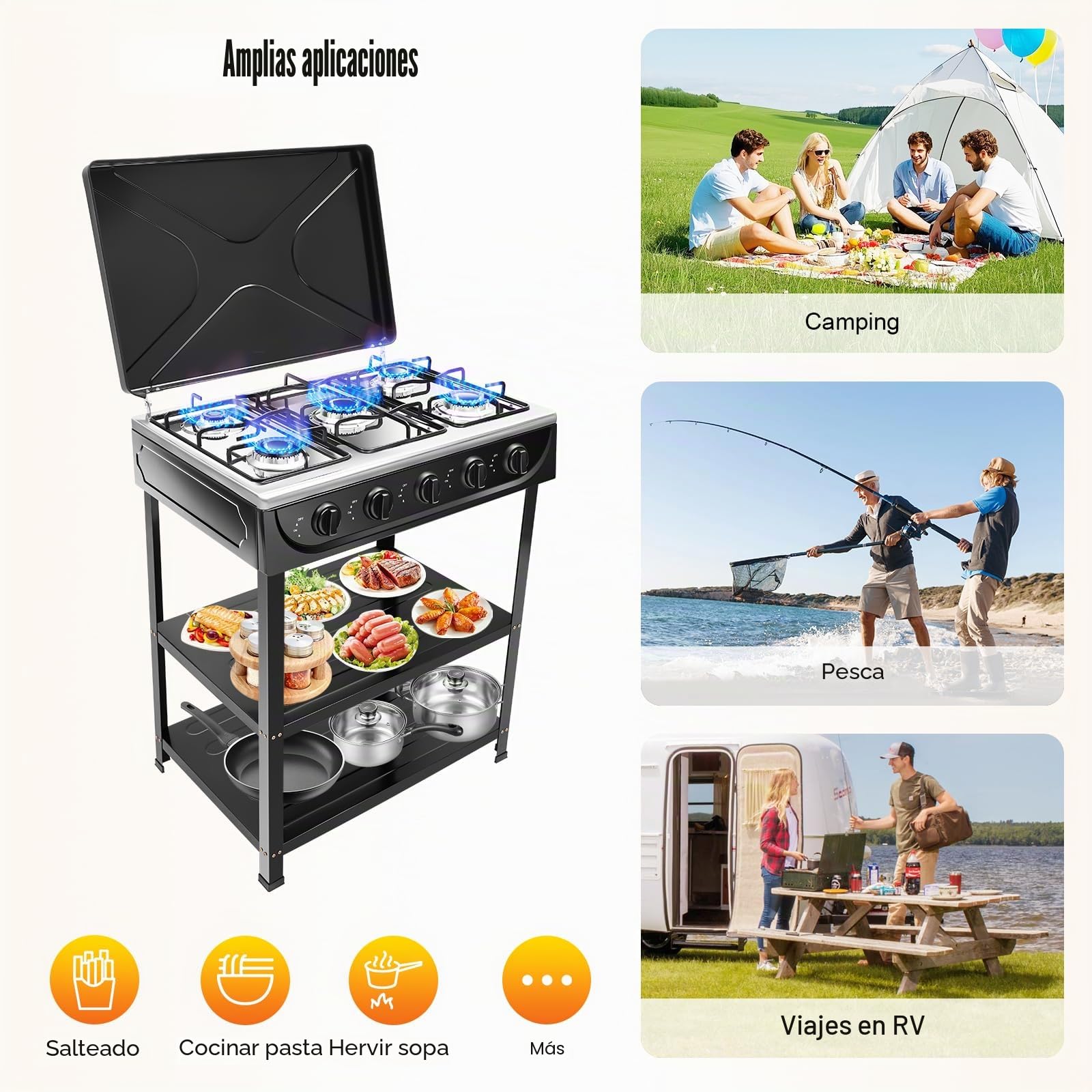 Cocina de gas natural con 5 fuegos para camping con 2 estantes, con 2 estantes, placa de gas, control independiente, para actividades al aire libre