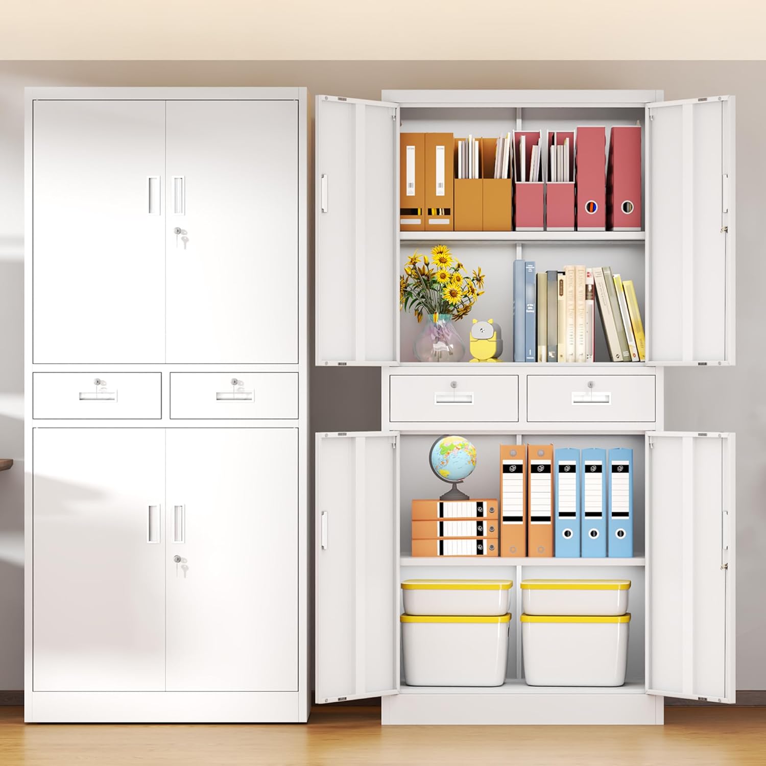 BESFUR Metal Storage Cabinet with 2 Drawers and Adjustable Shelves, 71" H Reinforced Heavy Duty Locking Storage Cabinet for Office, Garage, Home, School, Utility(White)