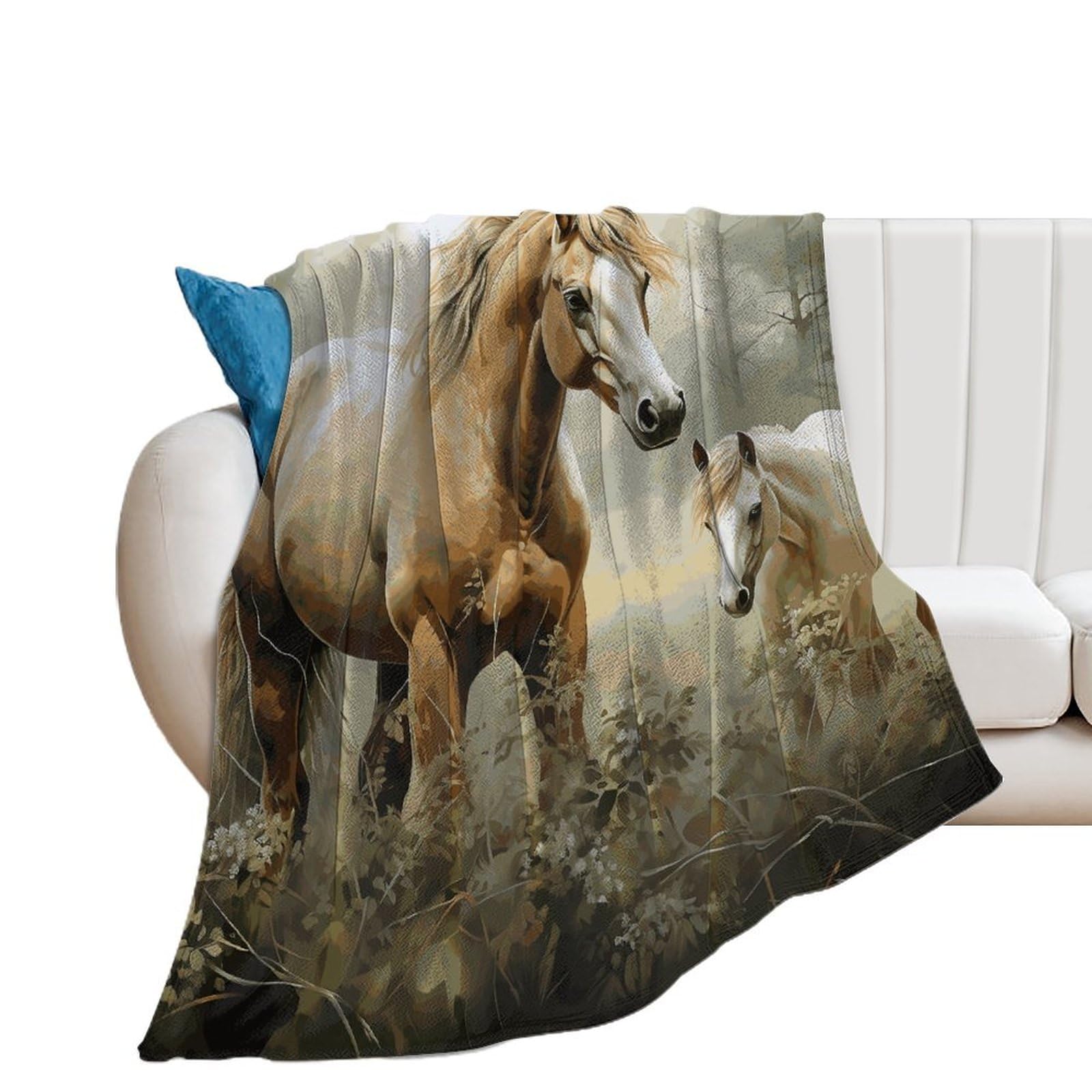 Couverture flanelle douce de prestige avec chevaux brodés
