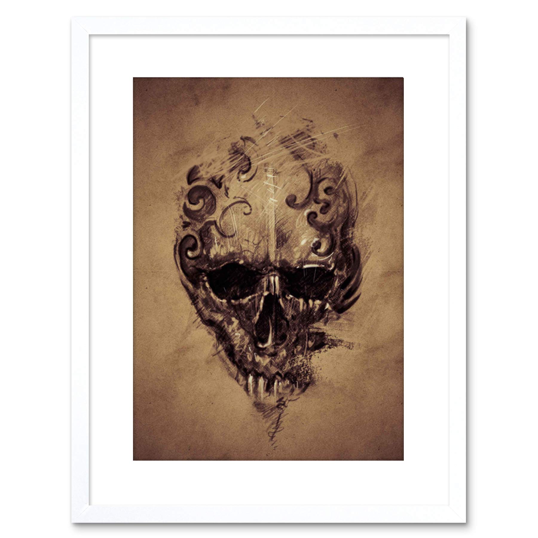 Wee Blue Coo Painting Drawing Tattoo Creepy Skull Gothic Grunge Framed Wall Art Print