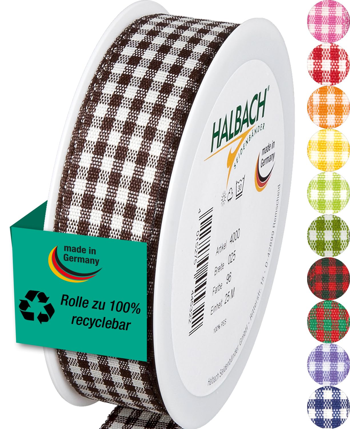 Halbach Seidenbänder Premium Vichy Chequered Gift Ribbon Width 25 mm Length 25 m Made in Germany Chequered Ribbon in Many Colours