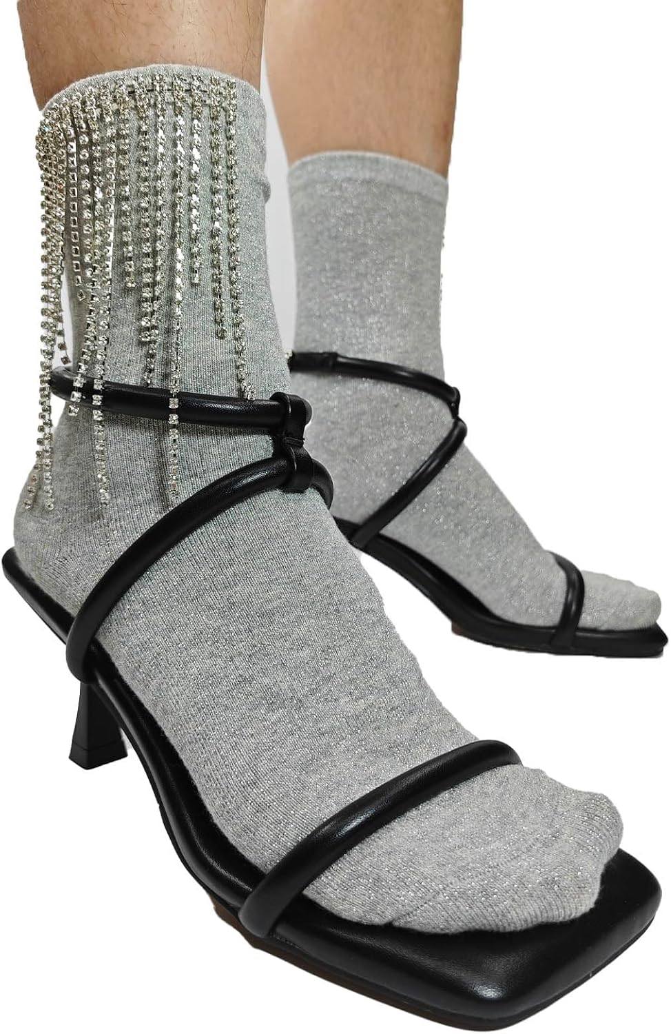 Women Fringed Rhinestone Shiny Crew Tube Socks