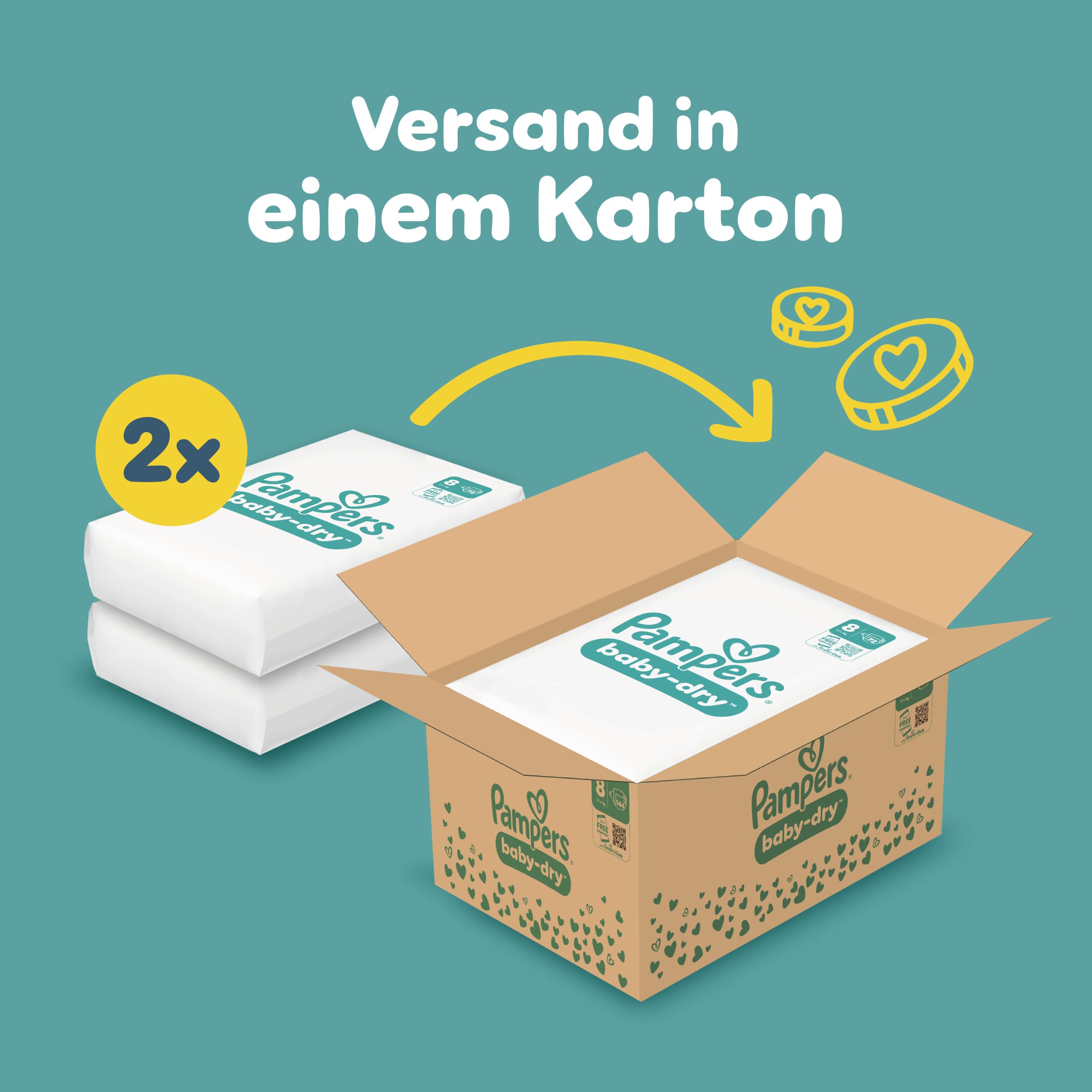 Pampers Baby-Dry Größe 8, 144 Windeln, 17kg+ | Bis zu 100% Auslaufschutz & Komfort die ganze Nacht