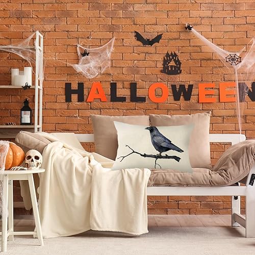Miniatura 3 de Ogiselestyle Fundas de almohada de cuervo negro con texto en inglés Happy Halloween, 12 x 20 pulgadas, fundas de almohada decorativas para el sofá