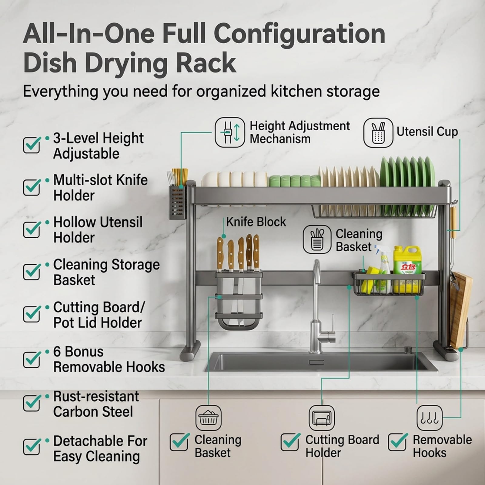 Escurridor de platos para fregadero, Organizador de cocina ajustable | Acero al carbono reforzado, Altura ajustable, Diseño antigoteo, Accesorios completos(95cm/37.4in)