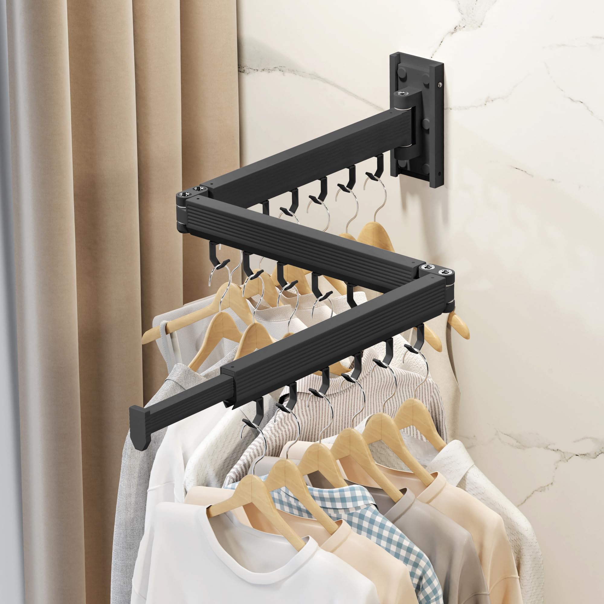 Étendoir Linge Mural rétractable & Pliable, étendoir Mural intérieur Gain de Place, séchoir à Linge Mural en Aluminium pour Balcon, Salle de Bain & buanderie, avec Crochets Noirs