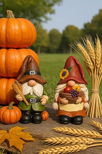 Miniatura 3 de iStatue Decoraciones de Acción de Gracias, figuras de gnomo de otoño, paquete de 2 figuras de resina de cosecha con calabazas, trigo y canasta,