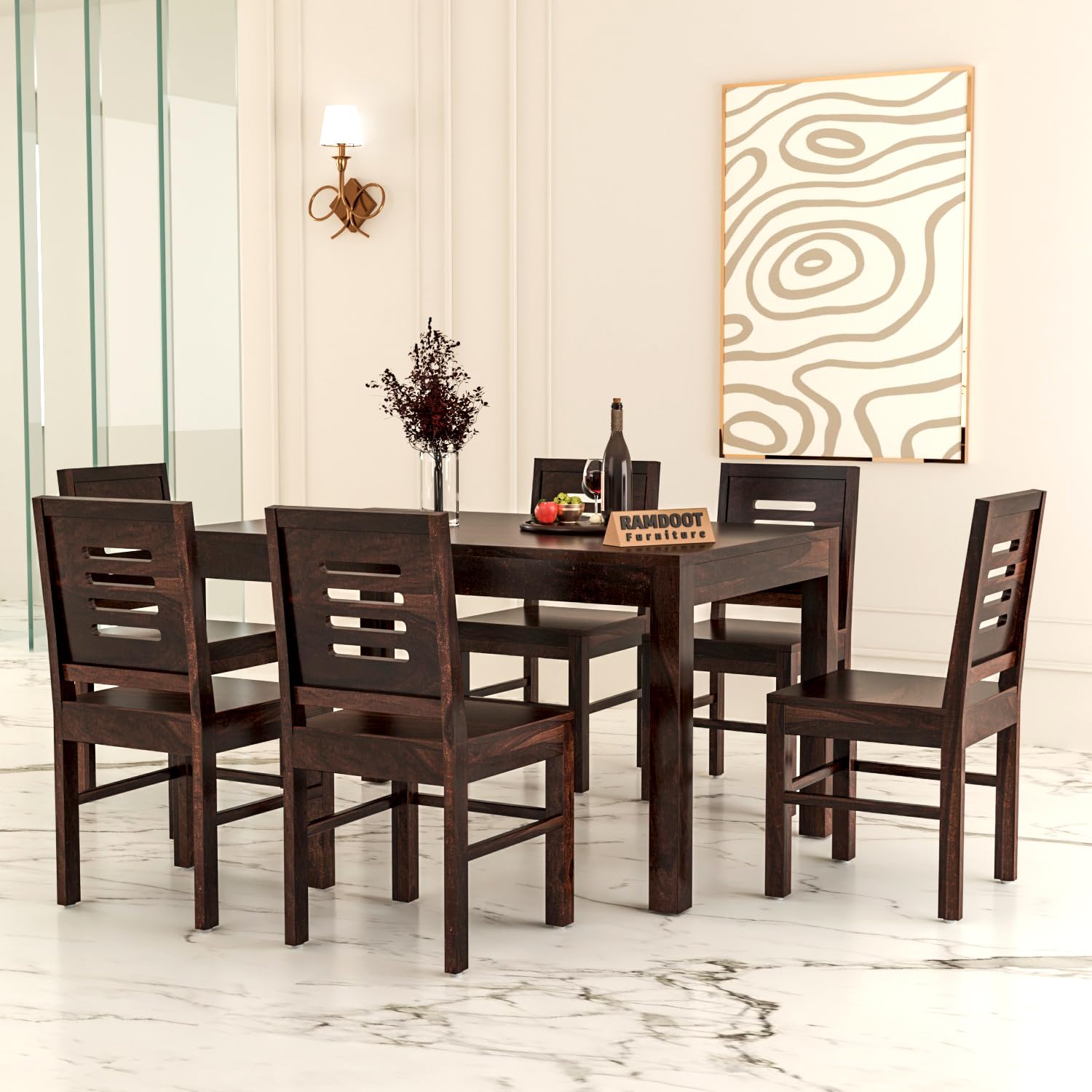 Ramdoot Furniture Solid Sheesham Wood Dining Table Set 6 Seater | Six Seater Dining Table 6 Seater with 6 Chairs for Living Room | 6 Seater Dining Set for Hotel and Restaurant | Dinning Sets | Walnut