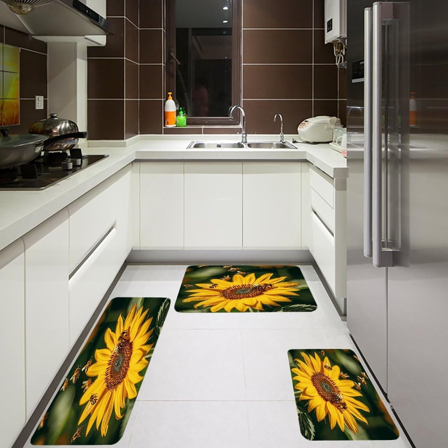 Sunflower Bees Kitchen Rugs Sets of 3 Washable Non Slip Kitchen Rug Water Resistant Carpet Piece Anti Fatigue Kitchen Mats Soft Comfort Standing Mat Modern Area Rug