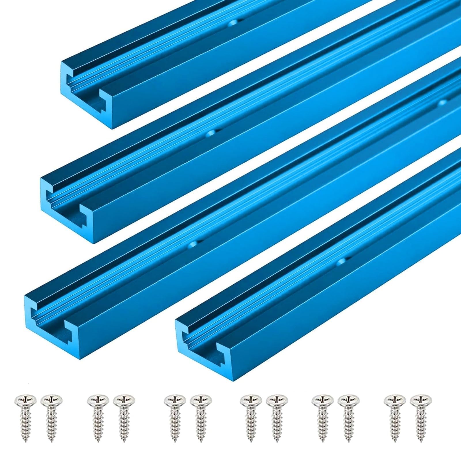 iMetrx T Tracks Woodworking Aluminum 12 inch 305 mm Light Blue 4 Pcs Double Cut Profile Universal with Predrilled Mounting Holes and Screws for Universal T-Track Accessories