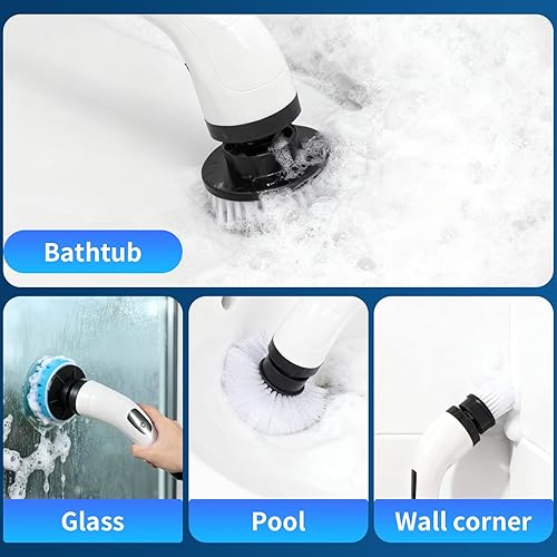 Miniatura 4 de Limpiador eléctrico recargable giratorio, limpiador eléctrico impermeable con 7 cabezales de cepillo, 1 escobilla de ventana, mango largo ajustable