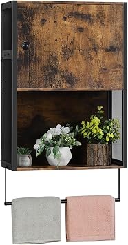CADUKE Farmhouse Medicine Cabinet, Bathroom Wall Cabinet with Towel Bar, Hanging Wall Cabinet with Open Storage Space, Over The Toilet Sapce Saver Storage Cabinet for Bathroom, Laundry