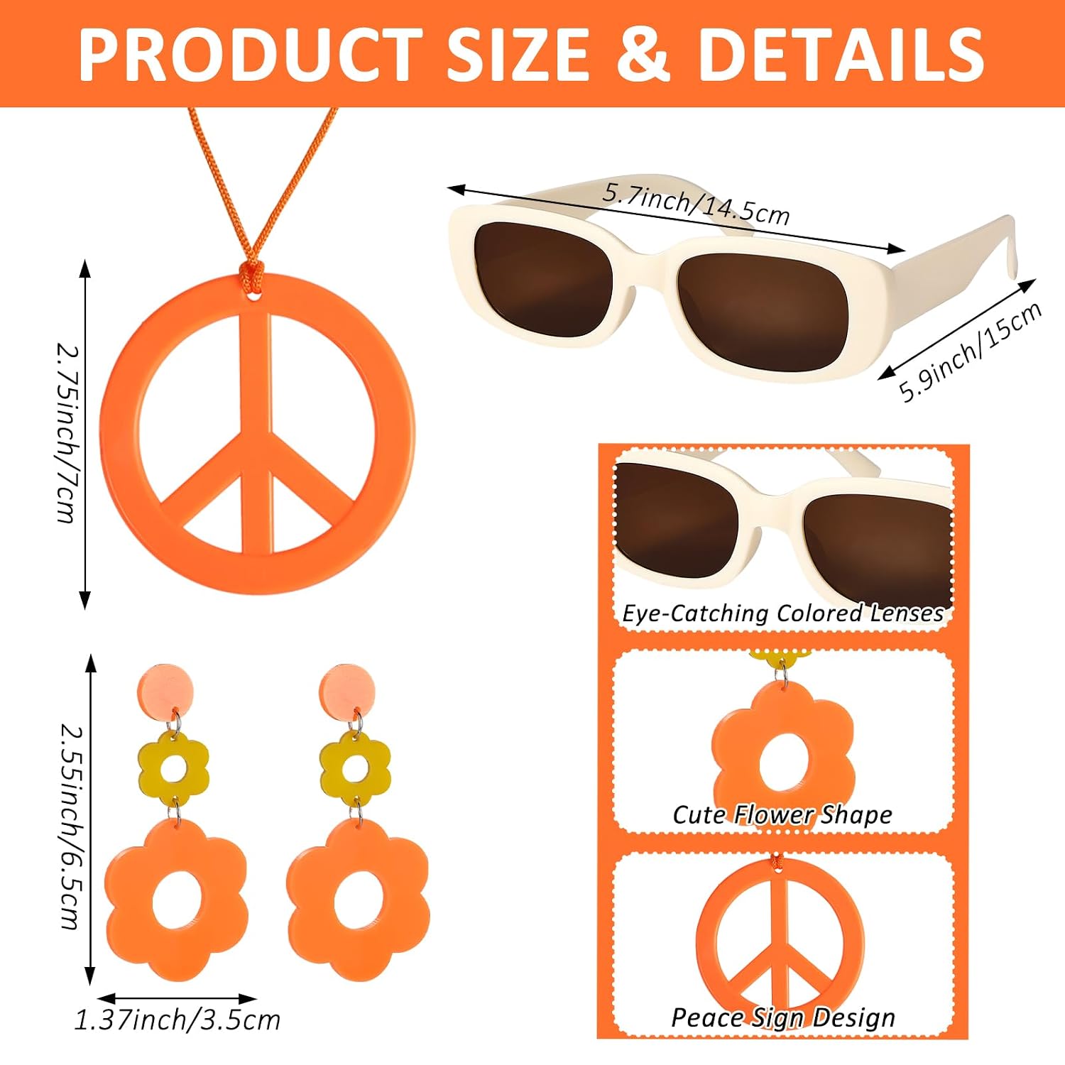 6 Pcs 60s 70s Women Hippie Disco Costume Accessories Set Headband Dangle Earrings Sunglasses Silk Scarf Scrunchie Peace Sign Necklace