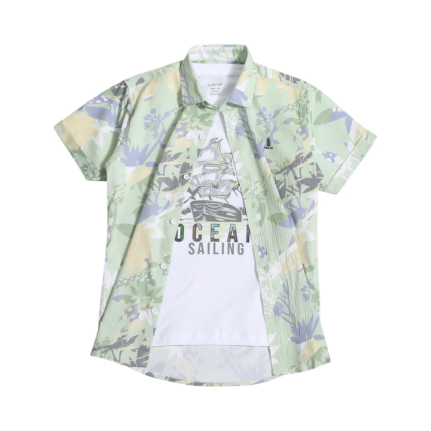 CAVIO Boys Pista Green Floral Print Half Sleeve Cotton Shirt with T-Shirt