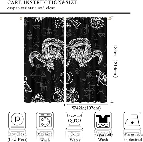 Vista 521 de Cortinas de cabeza de cabra, misteriosa cabeza de cabra malvada, calavera negra, bolsillo para barra, cortinas opacas para ventana, juego de 2