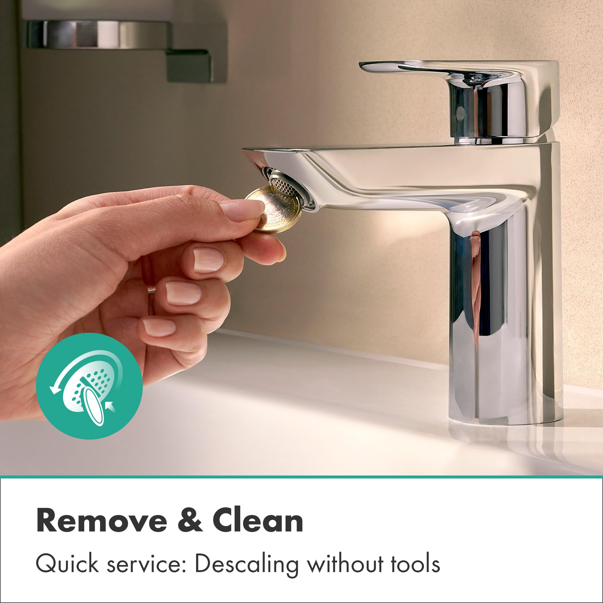 hansgrohe Neovis Q - grifo lavabo con vaciador Push-Open, grifo monomando lavabo, altura del caño 96 mm, cantidad de caudal 5 l/min (EcoSmart), cromo, 71348000