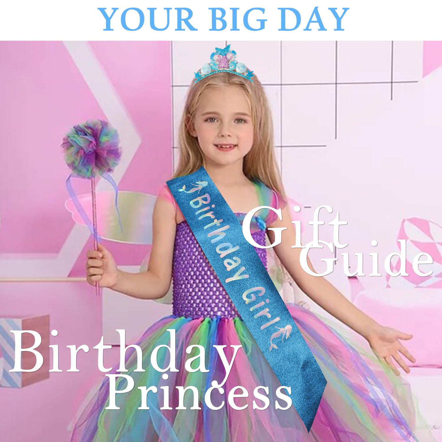 SuPoo Mermaid Party Decorations Outfit - Headband Crown, Sash, Tail, Tiara, Seashell Accessories for Birthday Girl