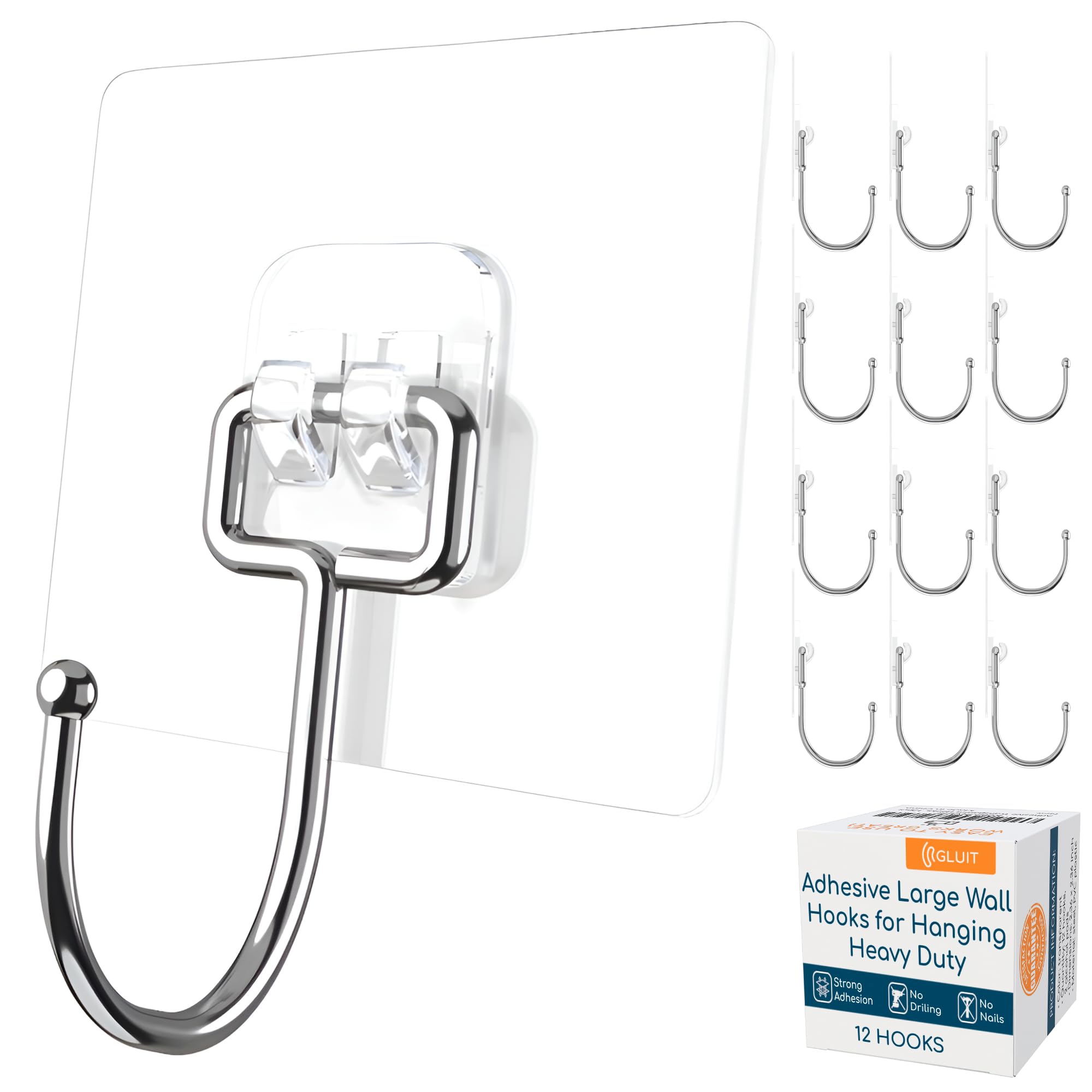 GLUIT Adhesive Large Wall Hooks for Hanging Heavy Duty 22 lbs Hooks for Walls No Damage Towel Sticky