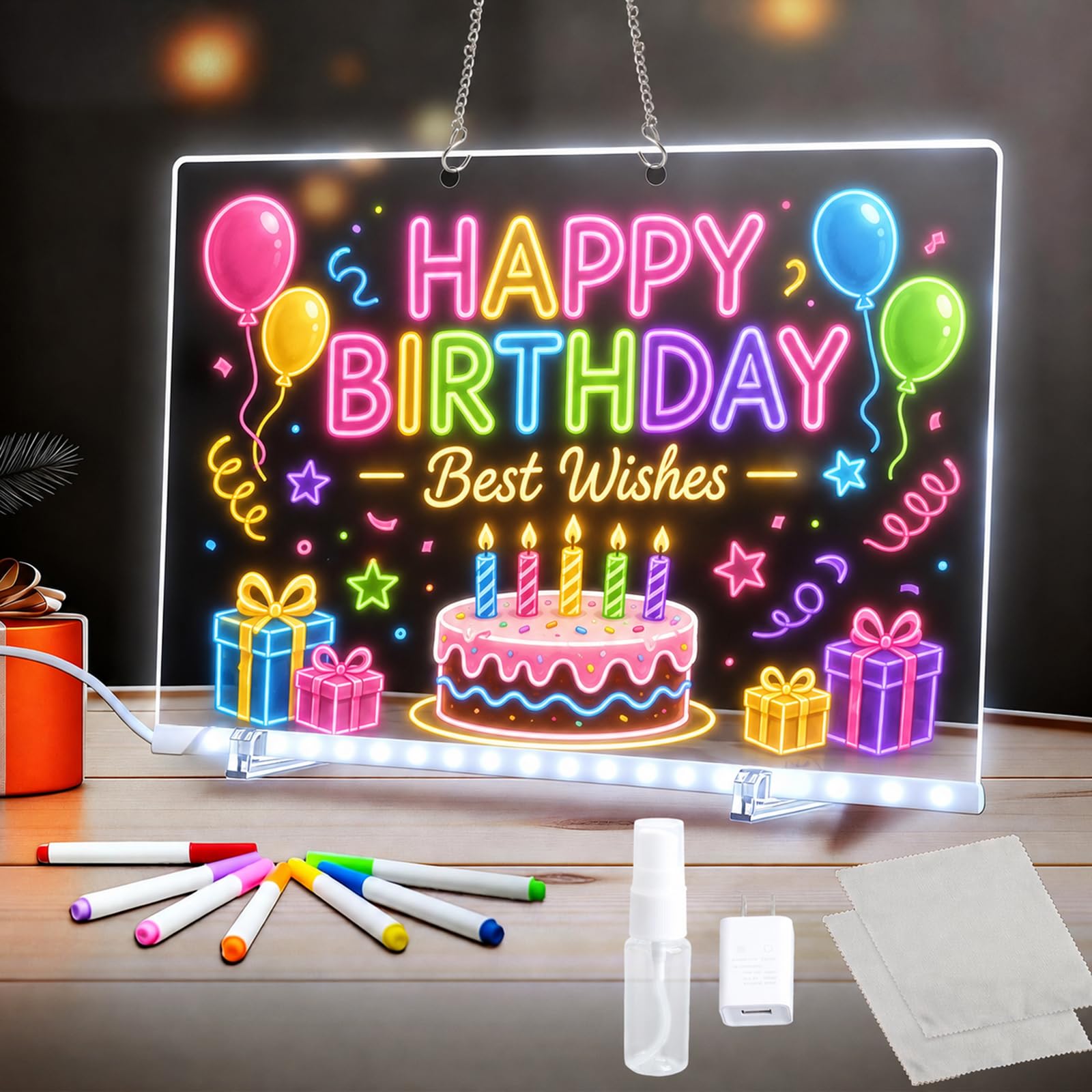 LED Light Up Drawing Board, 30×20 Inch Acrylic Erasable Message Board with 7-Colour Markers, USB Powered Glow Writing Tablet with Stand & Hanging Kit, for Home Office, Christmas Birthday Gift